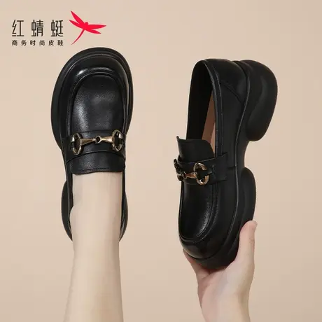 红蜻蜓女鞋春秋季新款一脚蹬懒人小皮鞋软皮厚底乐福鞋女单鞋真皮商品大图