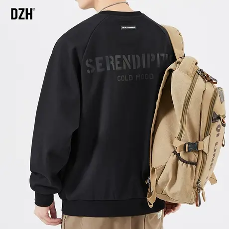 男士潮牌美式卫衣男春秋款圆领黑色印花上衣2023新款宽松百搭外套商品大图