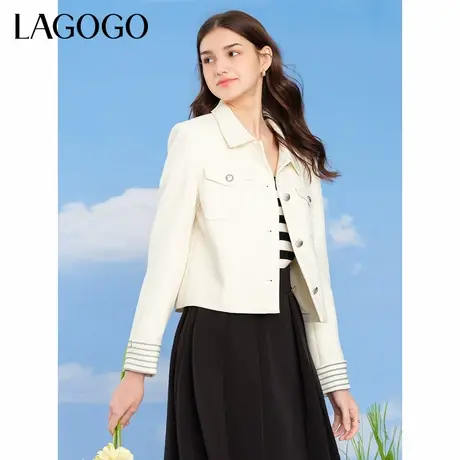 LAGOGO米色气质休闲外套女拉谷谷春秋新款小个子拼接翻领短款西装商品大图