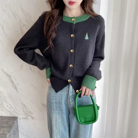 唐狮新款毛衣女秋冬宽松慵懒风高级感圆领针织开衫外套韩系TE图片