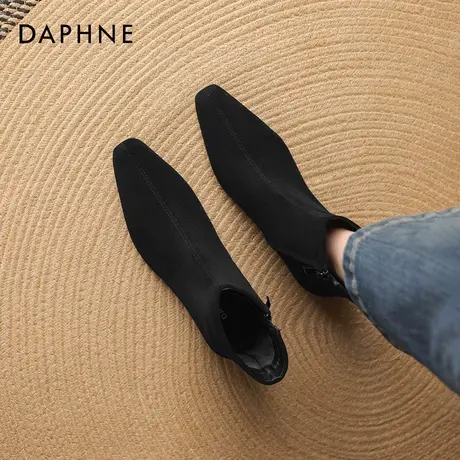 达芙妮尖头短靴女2026新款冬季黑色加绒平底瘦瘦靴绒面女士马丁靴商品大图