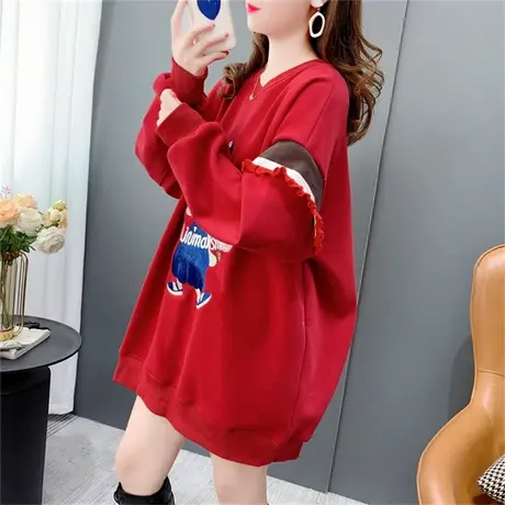 卡通刺绣加绒加厚圆领卫衣女ins超火2022年新款秋冬宽松减龄上衣商品大图