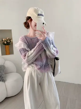 多巴胺穿搭渐变破洞套头毛衣女秋冬新款洋气减龄设计感甜美上衣潮商品大图