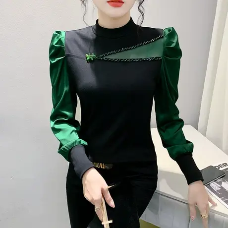 时尚钉珠泡泡袖T恤女长袖不规则拼接撞色上衣洋气修身外穿打底衫商品大图