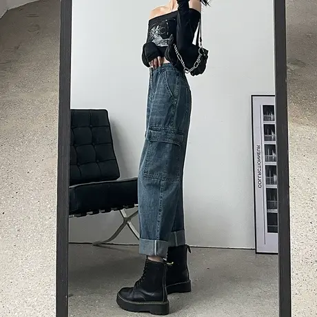 美式直筒工装牛仔裤女春秋2023新款高腰复古深蓝色宽松显瘦哈伦裤商品大图