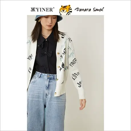 【虎年系列】YINER音儿专柜女装2022春季新款V领字母毛衣针织开衫图片