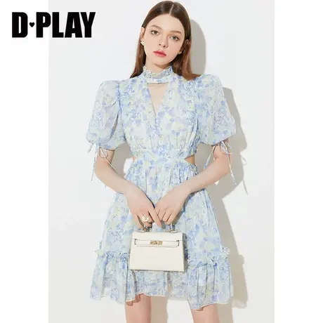 DPLAY夏新甜美度假风少女感水墨蓝泡泡短袖印花沙滩裙图片
