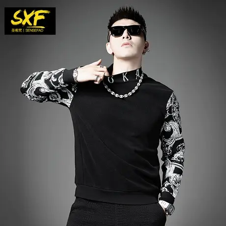 SXF圣希梵卫衣男冬款 半高领印花潮牌针织袖拼接2023新款男士衣服商品大图