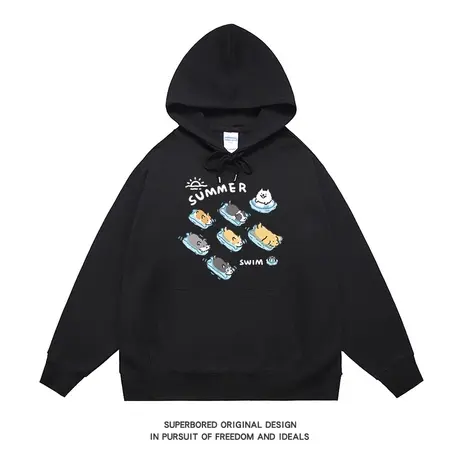 潮流卡通小狗游泳印花卫衣男宽松长袖连帽青少年2023新款秋季上衣图片