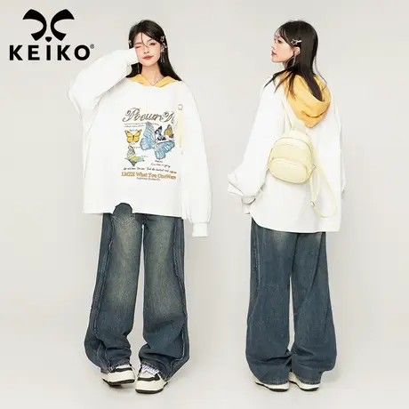 KEIKO 设计感蝴蝶花白色卫衣女2023韩系慵懒风撞色连帽外套上衣潮商品大图