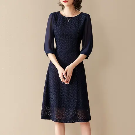 水墨青华新款春装优雅蕾丝连衣裙时尚修身收腰百搭A字裙商品大图