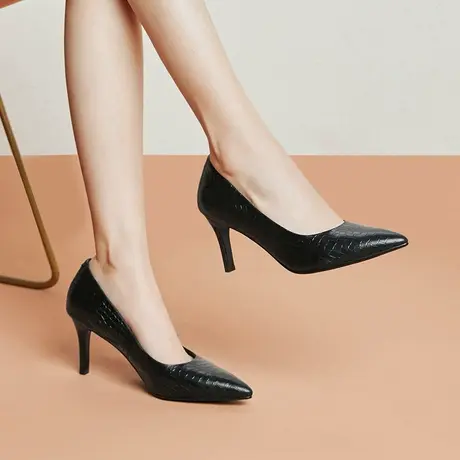 2023年春季新款里外全真皮细高跟单鞋女浅口黄金跟高时尚好气质商品大图