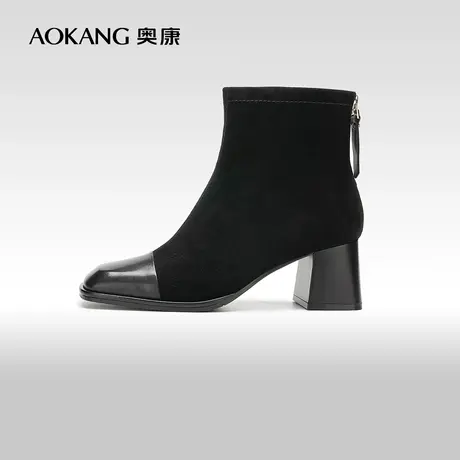 【门店发货】奥康女鞋 2023冬季新款拼接鞋面方头增高时装靴短靴商品大图