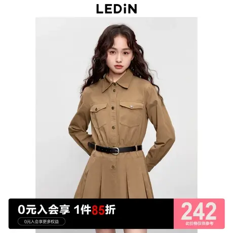 乐町卡其色复古工装连衣裙2023年秋季新款女装收腰显瘦长袖连衣裙商品大图