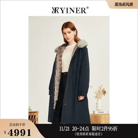 YINER音儿线上专选女装2023冬季暖绒毛领连帽皮草长款派克服商品大图