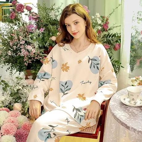 润微睡衣女春秋纯棉长袖长裤印花可爱舒适宽松可外穿家居服套装商品大图