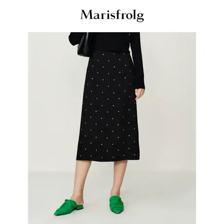 【环保系列】玛丝菲尔夏季新款包臀黑色中长款显瘦波点半身裙图片