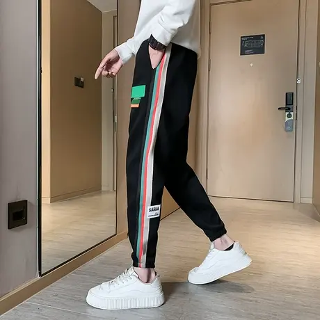 冬季加厚裤子条纹卫裤潮牌束脚运动裤加绒男裤春秋季潮流休闲裤商品大图