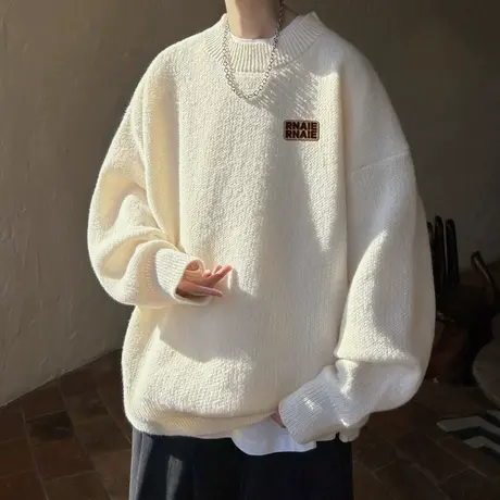 秋冬季半高领毛衣男加厚保暖宽松oversize潮流套头休闲线衣针织衫商品大图