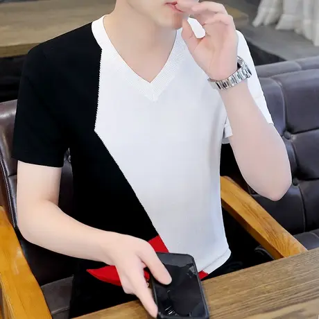 夏装新款潮牌2023个性设计感拼色短袖男款V领痞帅冰丝感鸡心领T恤图片