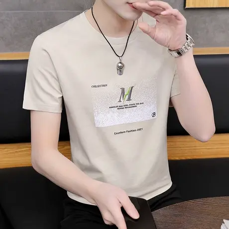 冰丝短袖t恤男圆领2023夏季新款潮流半袖体恤打底小衫上衣服男装商品大图