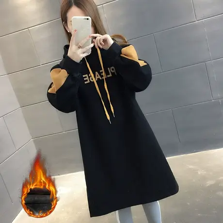 大码女装春秋新款胖mm时髦显瘦中长款连帽加厚加绒卫衣外套200斤图片