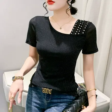性感网纱短袖T恤女2023夏季新款气质百搭小衫时尚钉珠修身上衣ins商品大图