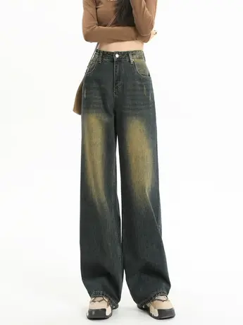 秋冬新款泥黄做旧复古牛仔裤女宽松高街百搭水洗直筒裤阔腿长裤潮商品大图