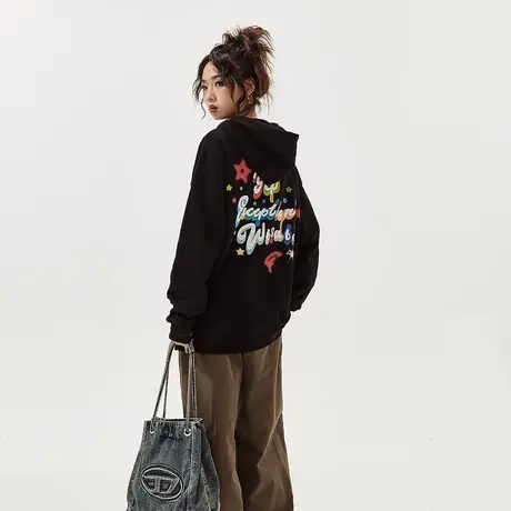 YEP黑色卡通连帽卫衣女2024年新款春秋套头美式复古宽松外套上衣图片