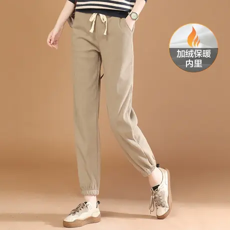 韩潮袭人松紧腰黑色束脚加绒运动卫裤女2023冬季新款显瘦休闲裤商品大图