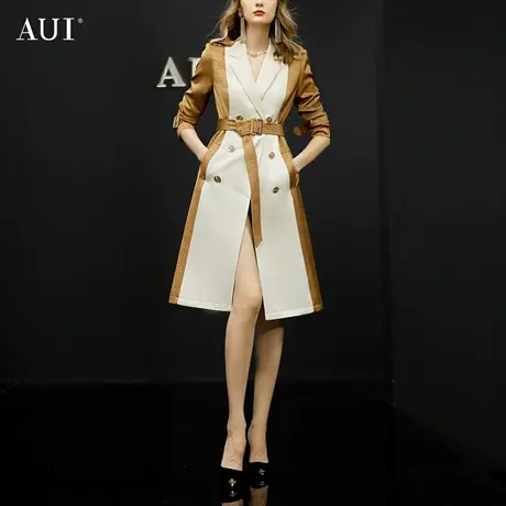 AUI英伦风撞色设计感风衣外套女2023秋季新款高级中长款韩版大衣图片