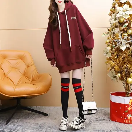 加绒加厚连帽卫衣外套女2023新款秋冬宽松慵懒风百搭复古美式上衣商品大图