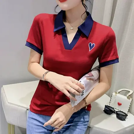 女装2024新款爱心刺绣POLOT恤短袖洋气小衫设计感拼色翻领上衣ins商品大图