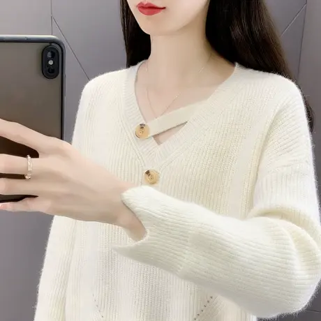 v领毛衣女士短款针织衫2023春秋新款水貂绒设计感小众打底衫长袖商品大图