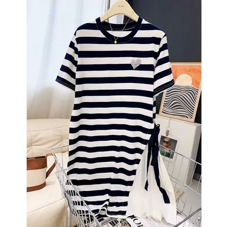 韩国东大门夏季连衣裙法式优雅拼接百褶裙爱心水钻遮肚A字裙显瘦图片