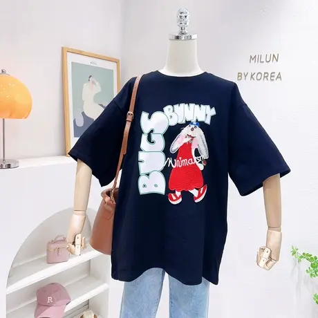 韩国东大门水洗棉上衣23春夏款重工刺绣兔子复古甜美短袖T恤欧货商品大图