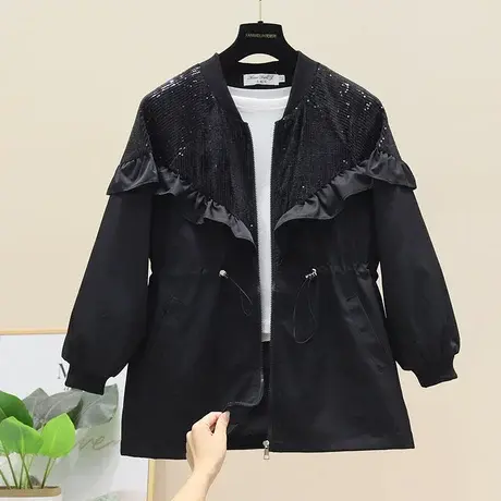 黑色亮片勾花夹克风衣外套女春秋2023新款短款小个子抽绳小风衣潮商品大图