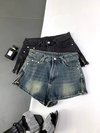 侧边拉链磨白复古牛仔短裤女2023夏季新款显瘦百搭辣妹弹力包臀裤商品大图