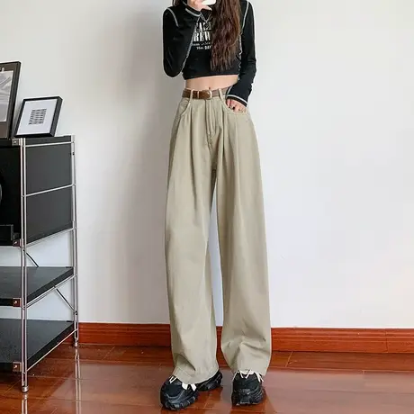 美式复古阔腿牛仔裤女春秋新款高腰垂感宽松显瘦小个子直筒拖地裤商品大图