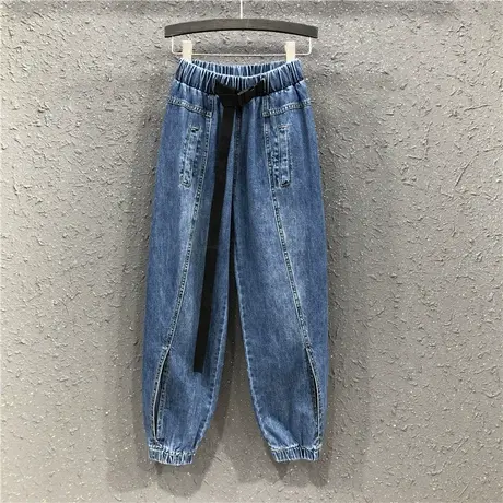 春夏新款高腰工装哈伦裤萝卜裤休闲潮松紧腰开叉宽松女牛仔束脚裤商品大图