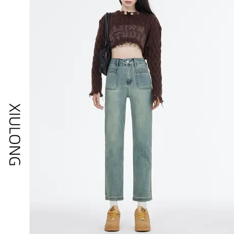 复古美式高腰直筒牛仔裤女春秋季2023年新款显瘦小个子九分烟管裤图片