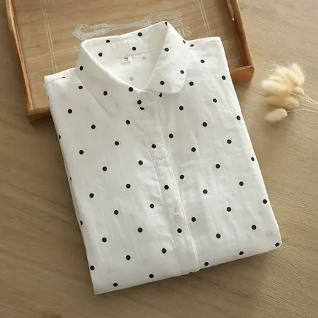 秋装日系文艺双层棉纱长袖衬衫女学生宽松小 清新波点点打底上衣图片