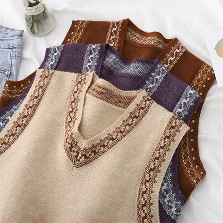 学院风提花V领针织背心女2020秋季新款外穿慵懒宽松无袖马甲坎肩图片