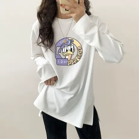 韩版宽松显瘦圆领上衣打底衫女2022秋冬新款纯棉百搭开叉大白T恤图片
