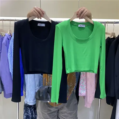 长袖t恤女2021秋季新款气质ins低圆领垫肩纯色修身时髦百搭打底衫商品大图