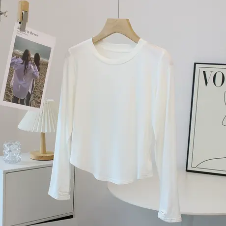 插口袖修身莫代尔t恤上衣女春秋季圆领高腰长袖打底衫瑜伽舞蹈服图片