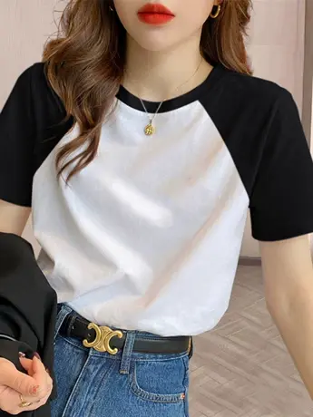 胖mm大码新款韩版卡通印花宽松女装撞色拼接短袖T恤女上衣200斤潮图片