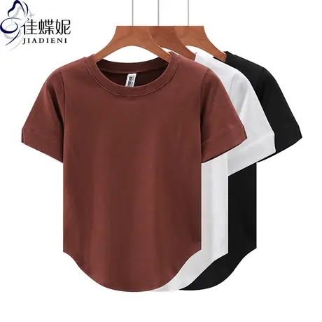 夏季新款韩圆领宽松短袖破口纯白短款下摆圆弧短袖体恤上衣内搭女商品大图