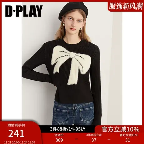 DPLAY春在逃公主黑拼白撞色蝴蝶结提花加厚高腰针织套头毛衣商品大图