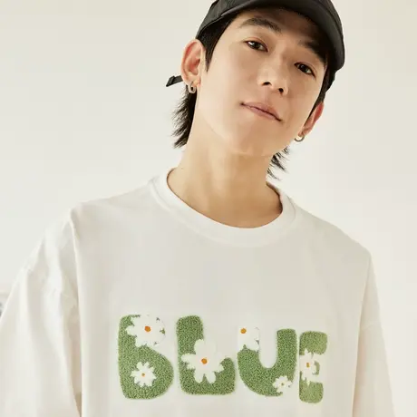 奕飏小清新植绒字母花卉白色短袖t恤男简约百搭夏季潮流半袖体恤商品大图